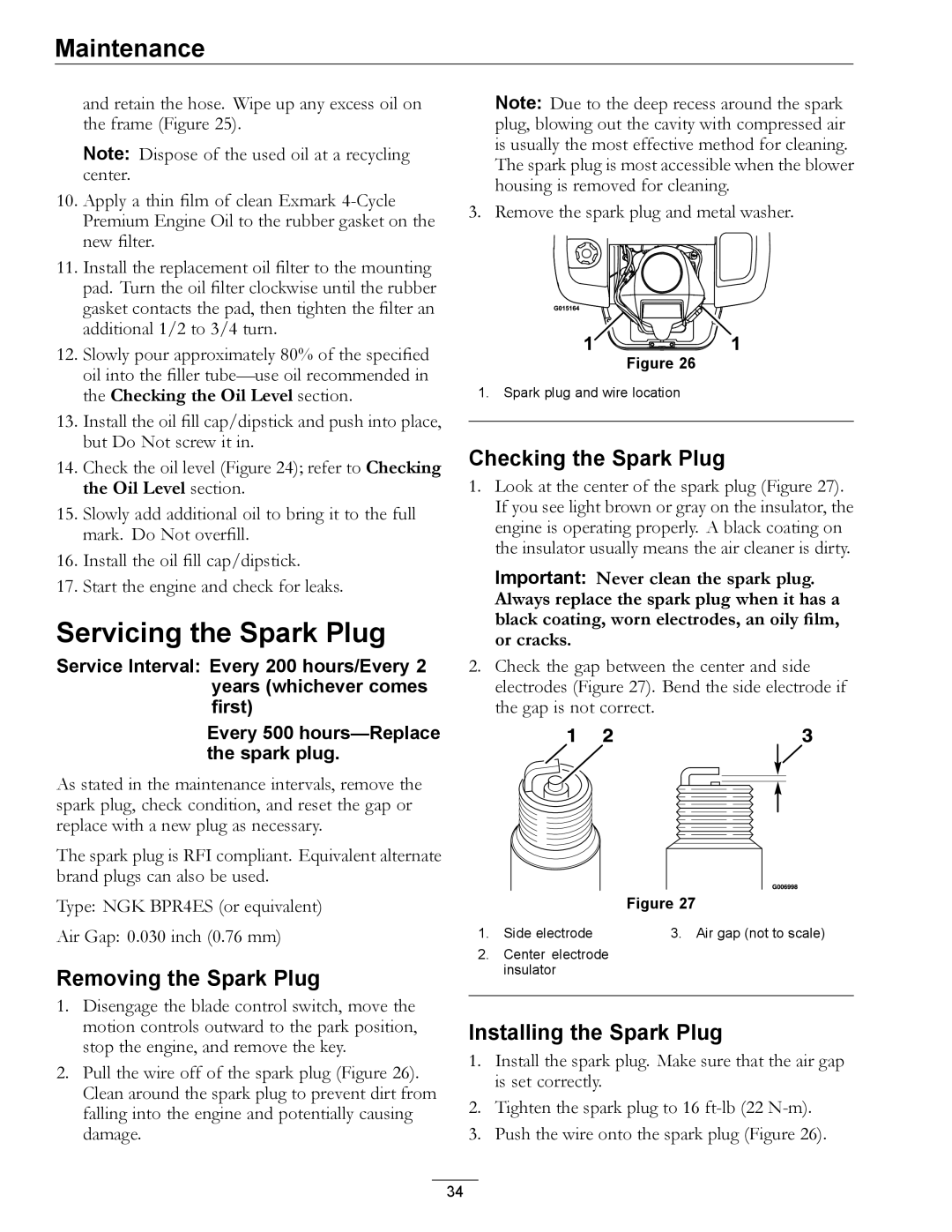 Exmark 4501-191 Rev.A manual Servicing the Spark Plug, Removing the Spark Plug, Checking the Spark Plug 