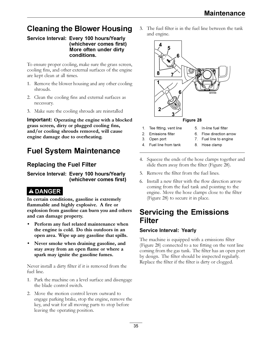 Exmark 4501-191 Rev.A manual Cleaning the Blower Housing, Fuel System Maintenance, Servicing the Emissions Filter 