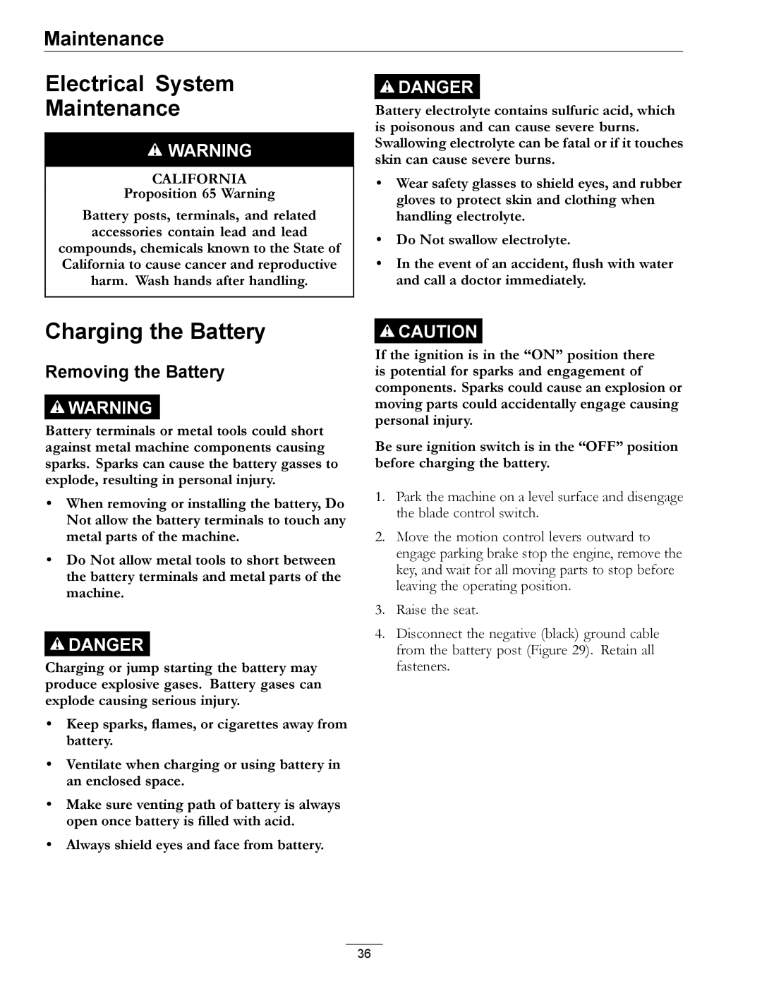 Exmark 4501-191 Rev.A manual Electrical System Maintenance, Charging the Battery, Removing the Battery 