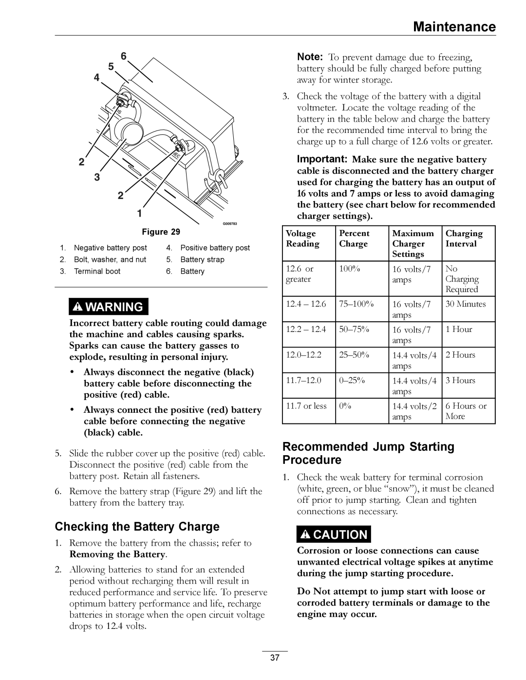 Exmark 4501-191 Rev.A manual Checking the Battery Charge, Recommended Jump Starting Procedure 