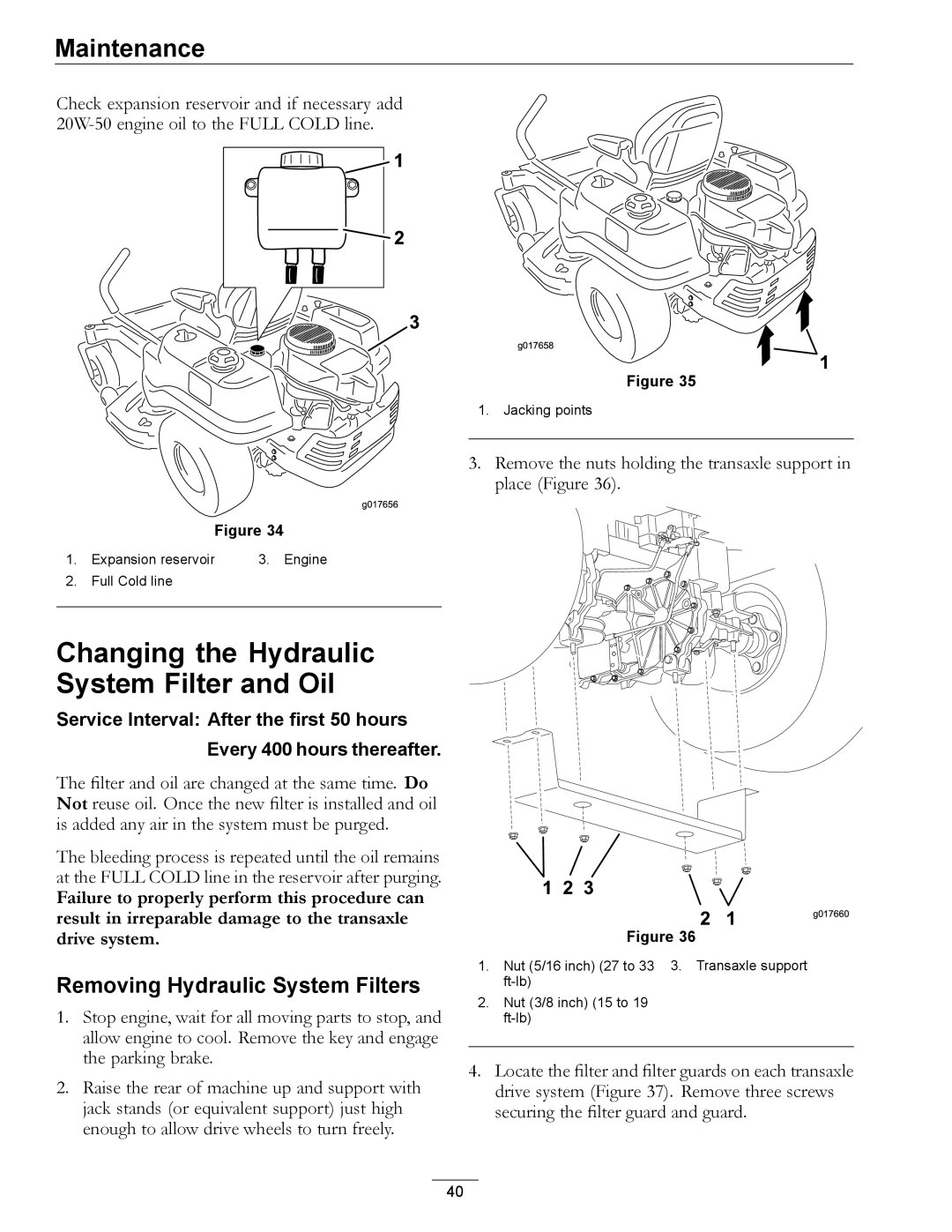 Exmark 4501-191 Rev.A manual Changing the Hydraulic System Filter and Oil, Removing Hydraulic System Filters 