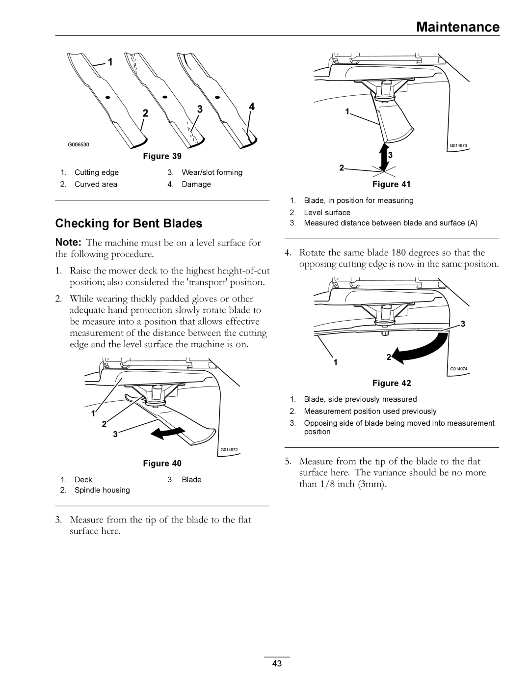 Exmark 4501-191 Rev.A manual Checking for Bent Blades, Measure from the tip of the blade to the flat surface here 