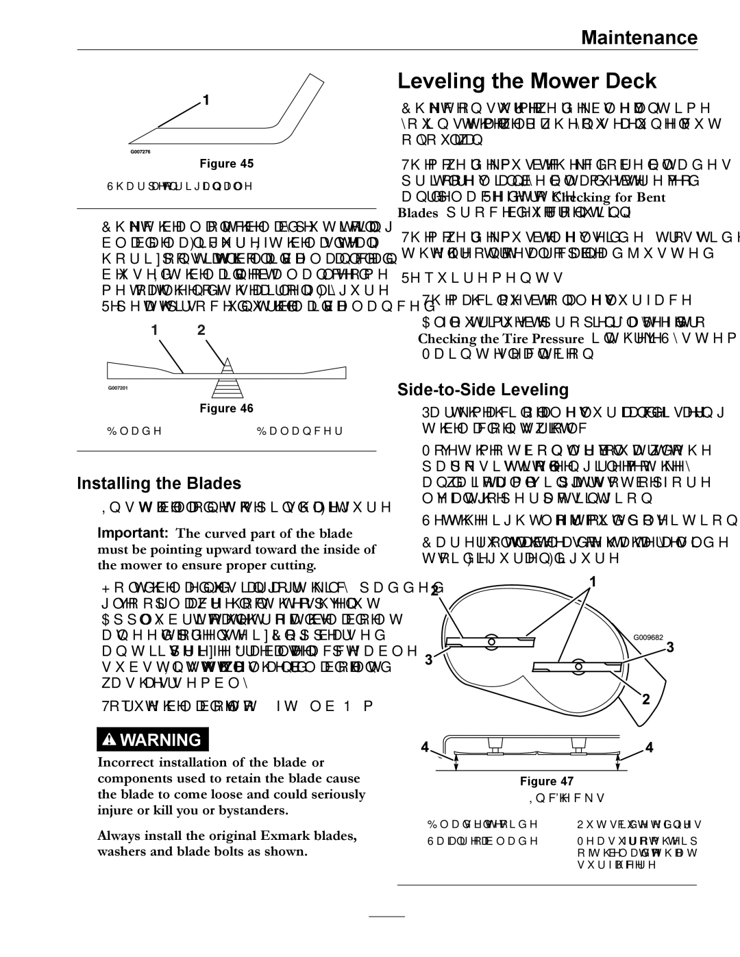 Exmark 4501-191 Rev.A manual Leveling the Mower Deck, Installing the Blades, Side-to-Side Leveling 