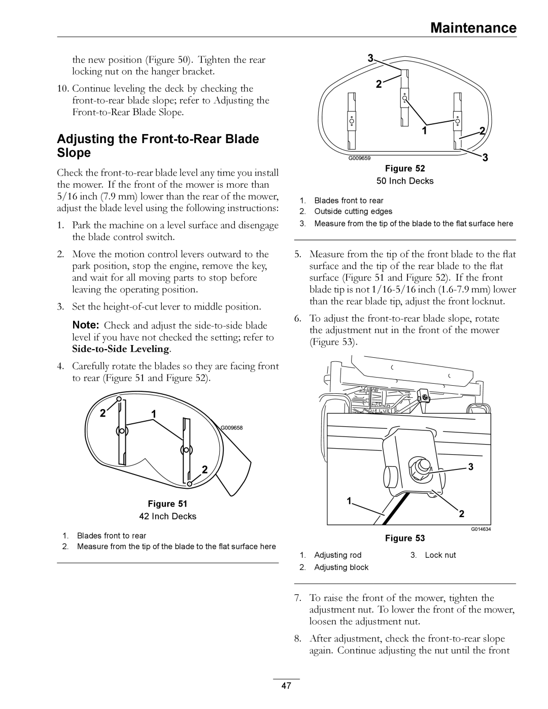 Exmark 4501-191 Rev.A manual Adjusting the Front-to-Rear Blade Slope 