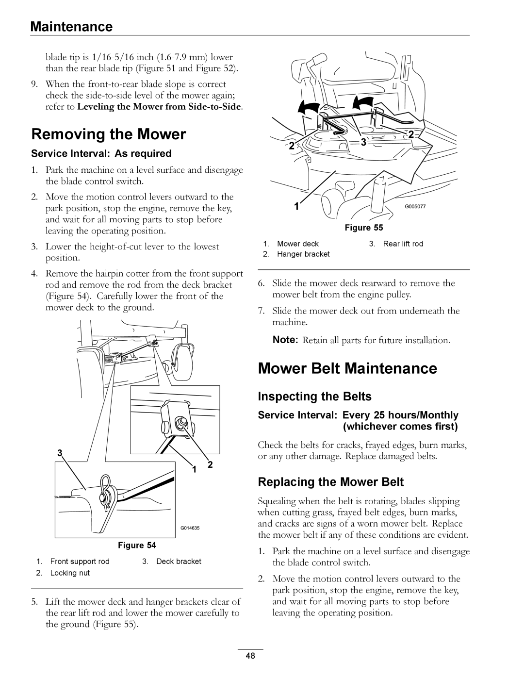 Exmark 4501-191 Rev.A manual Removing the Mower, Mower Belt Maintenance, Inspecting the Belts, Replacing the Mower Belt 