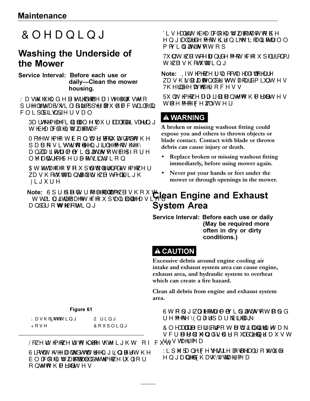 Exmark 4501-191 Rev.A manual Washing the Underside of the Mower, Clean Engine and Exhaust System Area 