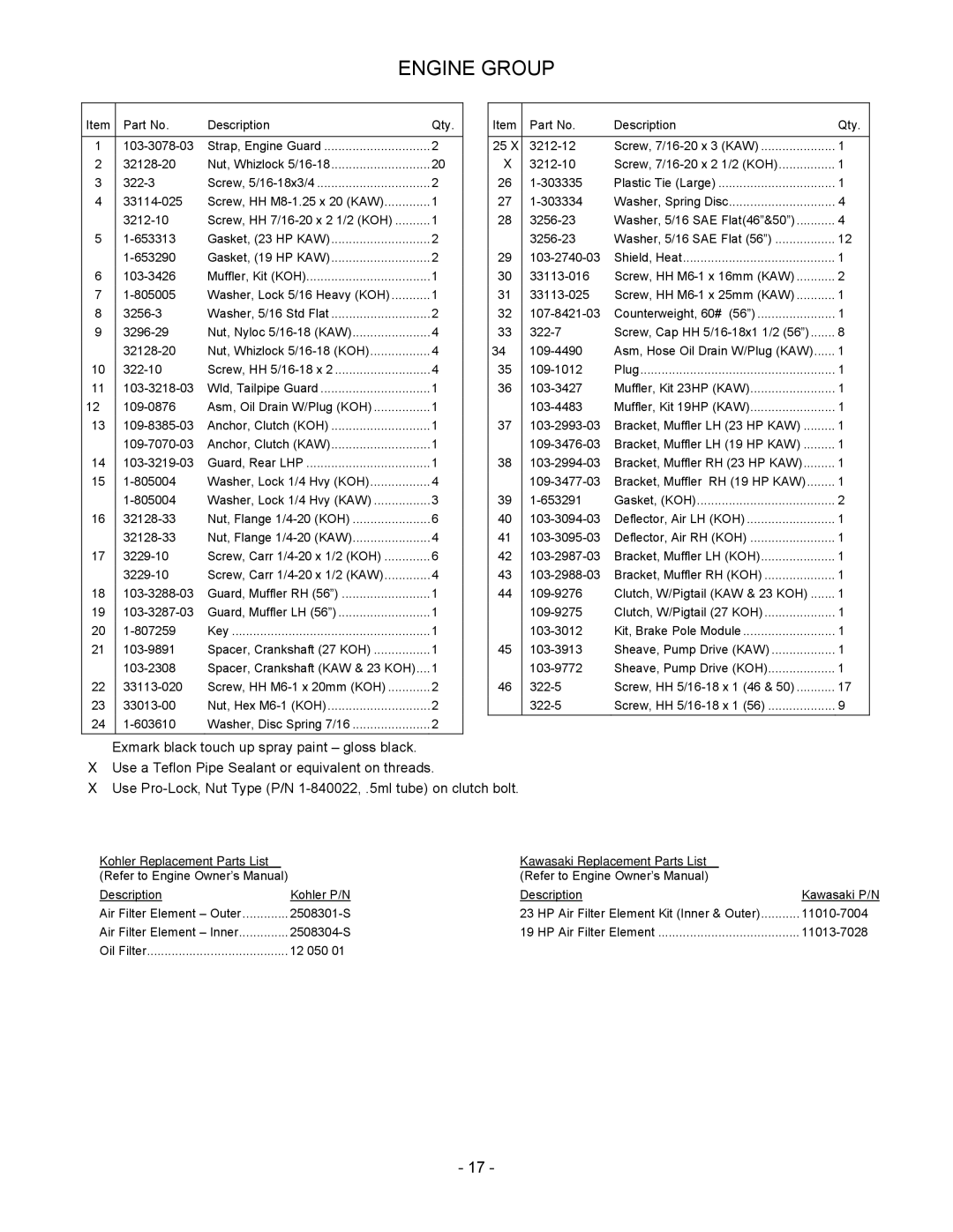 Exmark 465, 505, 565 manual Engine Group, Kawasaki Replacement Parts List 