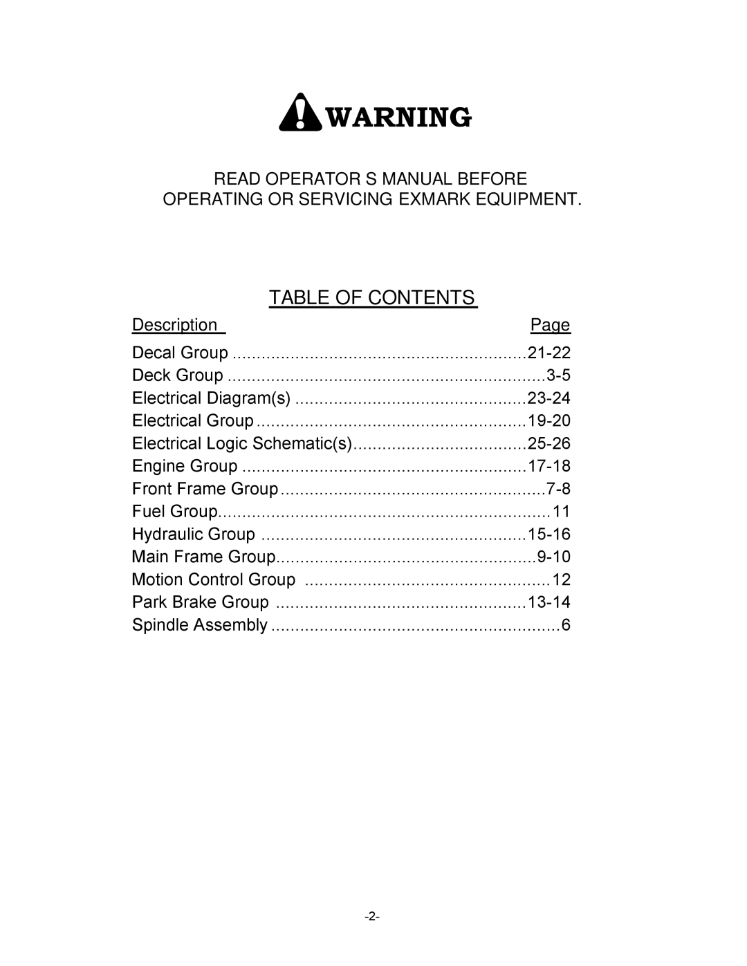 Exmark 465, 505, 565 manual Table of Contents 