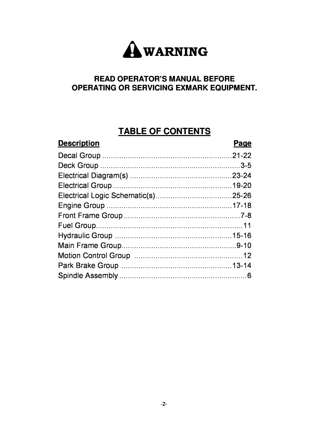 Exmark 465 Table Of Contents, Read Operator’S Manual Before, Operating Or Servicing Exmark Equipment, Description, Page 