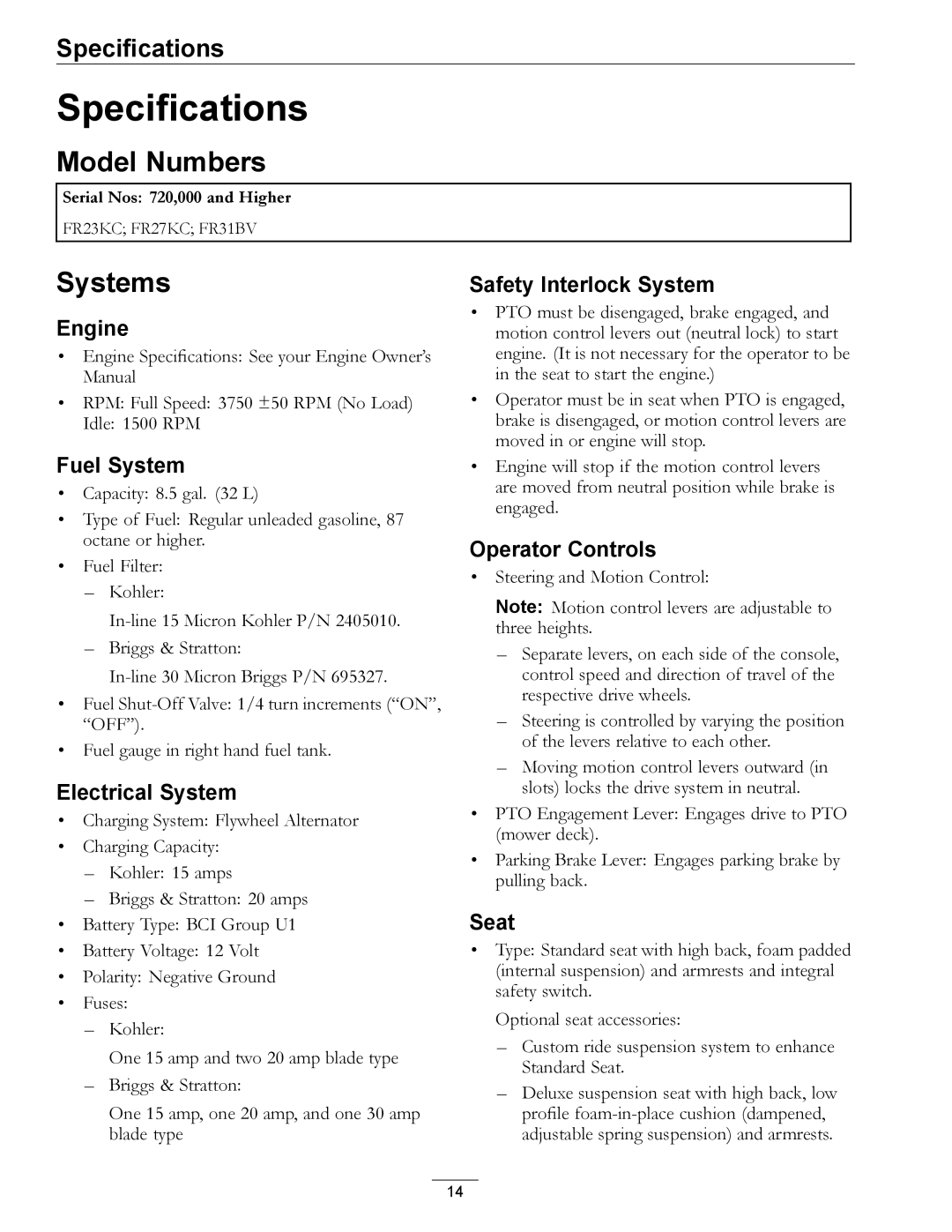 Exmark 720000 & Higher manual Specifications, Model Numbers, Systems 