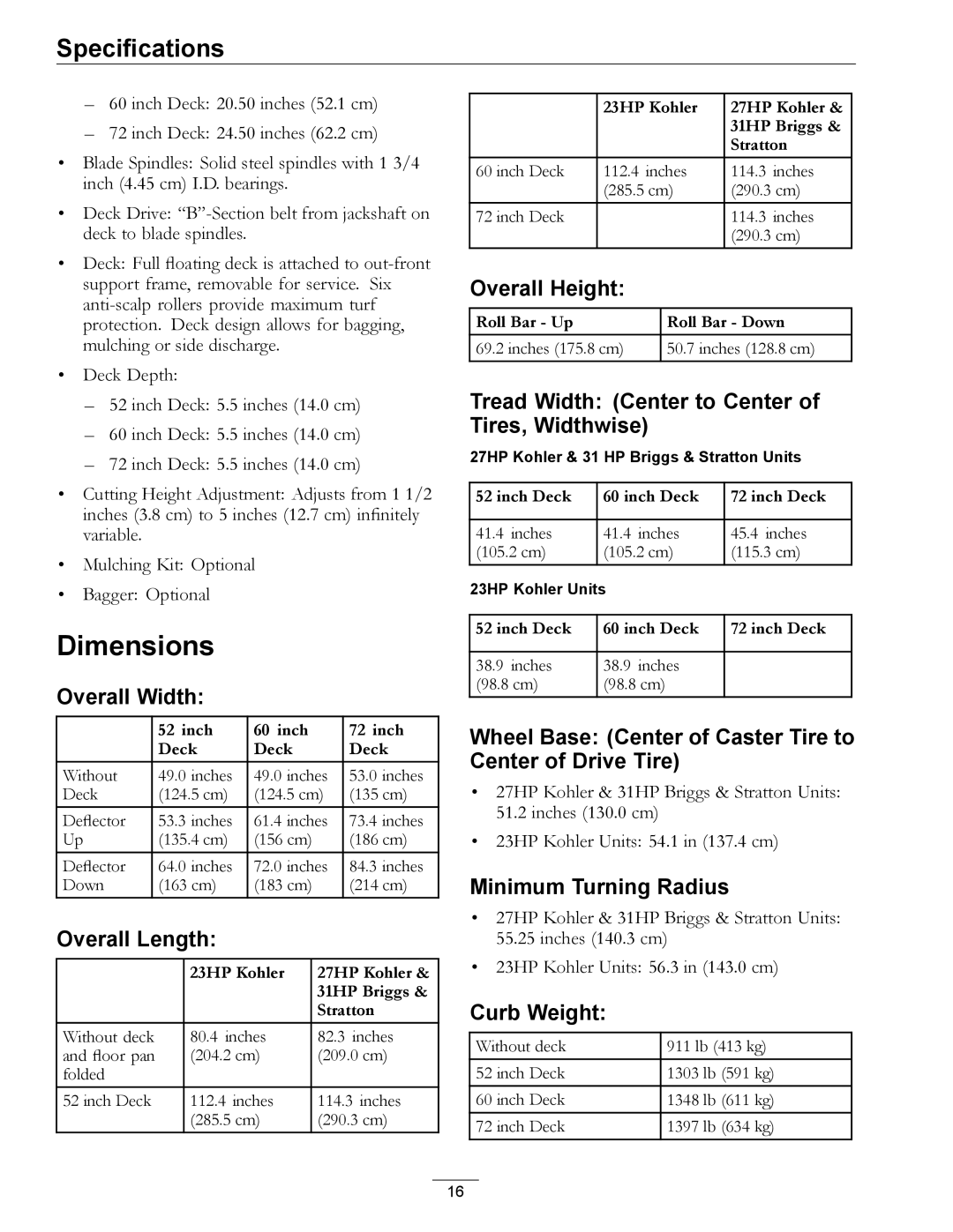 Exmark 720000 & Higher manual Dimensions 