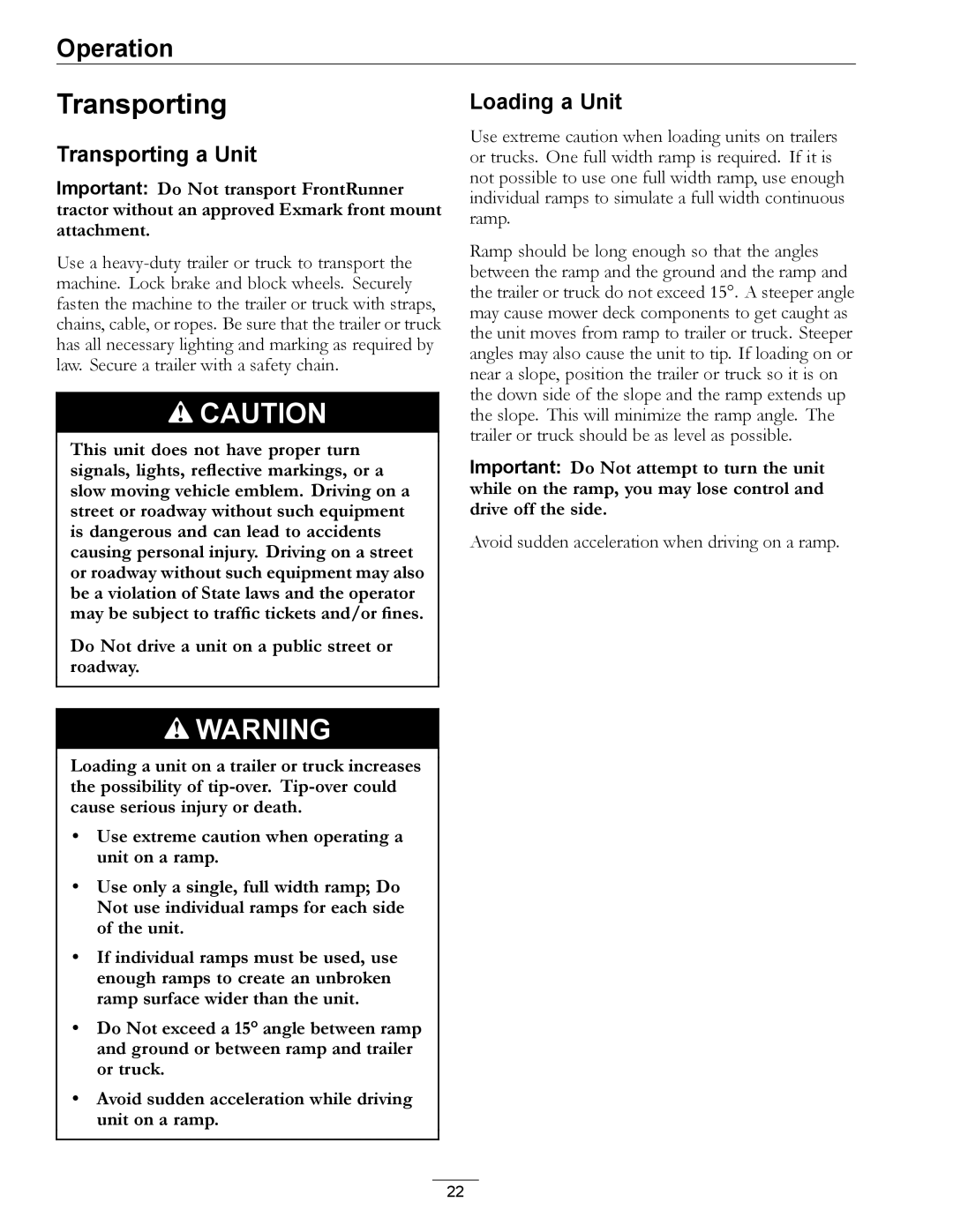 Exmark 720000 & Higher manual Transporting a Unit, Loading a Unit 