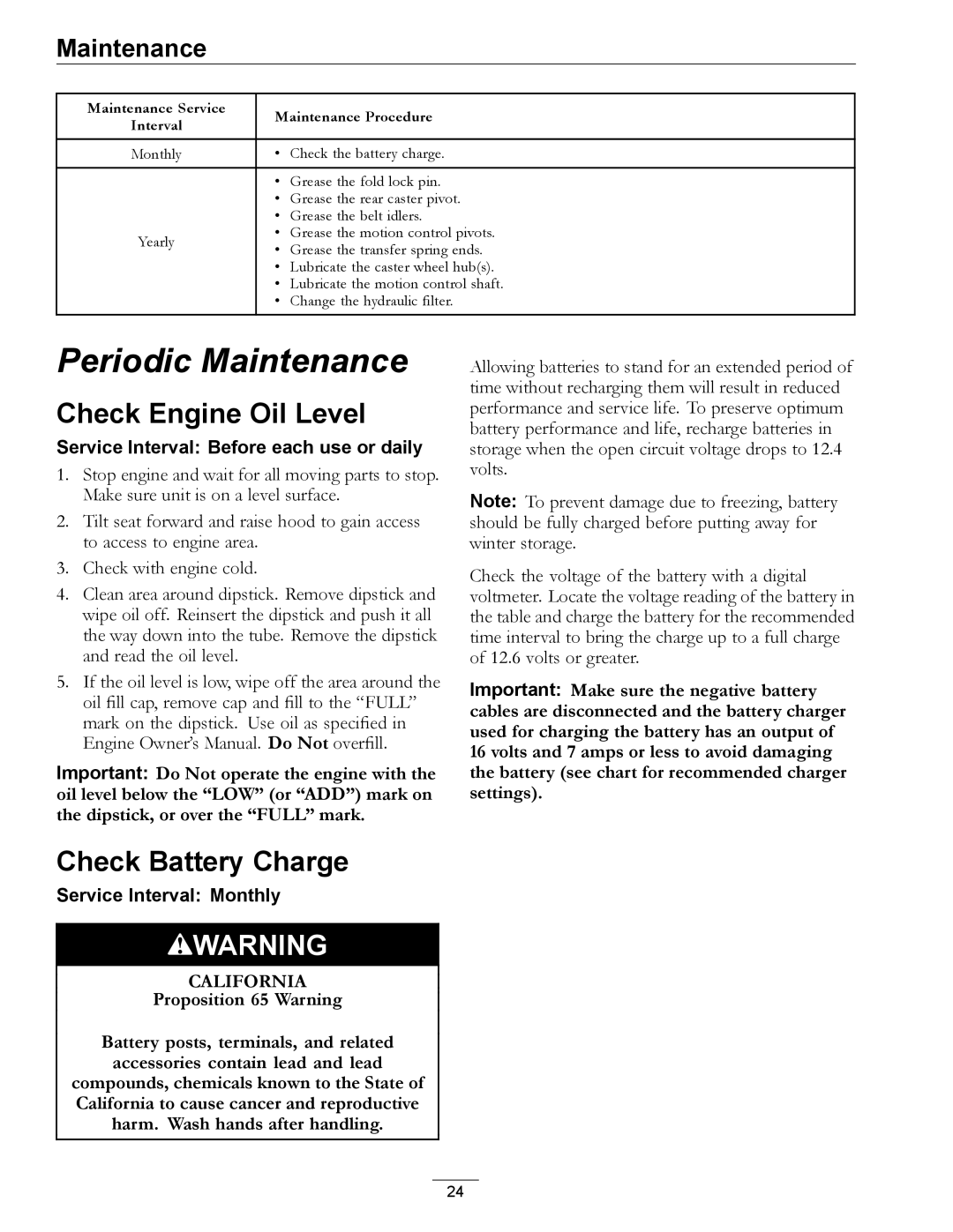 Exmark 720000 & Higher manual Check Engine Oil Level, Check Battery Charge 