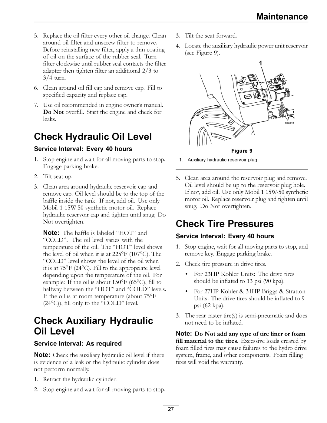 Exmark 720000 & Higher manual Check Hydraulic Oil Level, Check Auxiliary Hydraulic Oil Level, Check Tire Pressures 