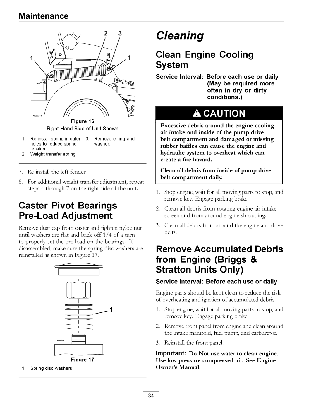 Exmark 720000 & Higher manual Caster Pivot Bearings Pre-Load Adjustment, Clean Engine Cooling System 