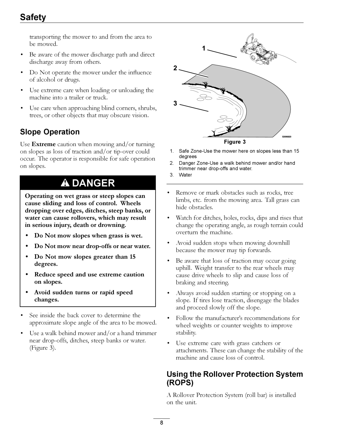 Exmark 720000 & Higher manual Slope Operation, Using the Rollover Protection System Rops 