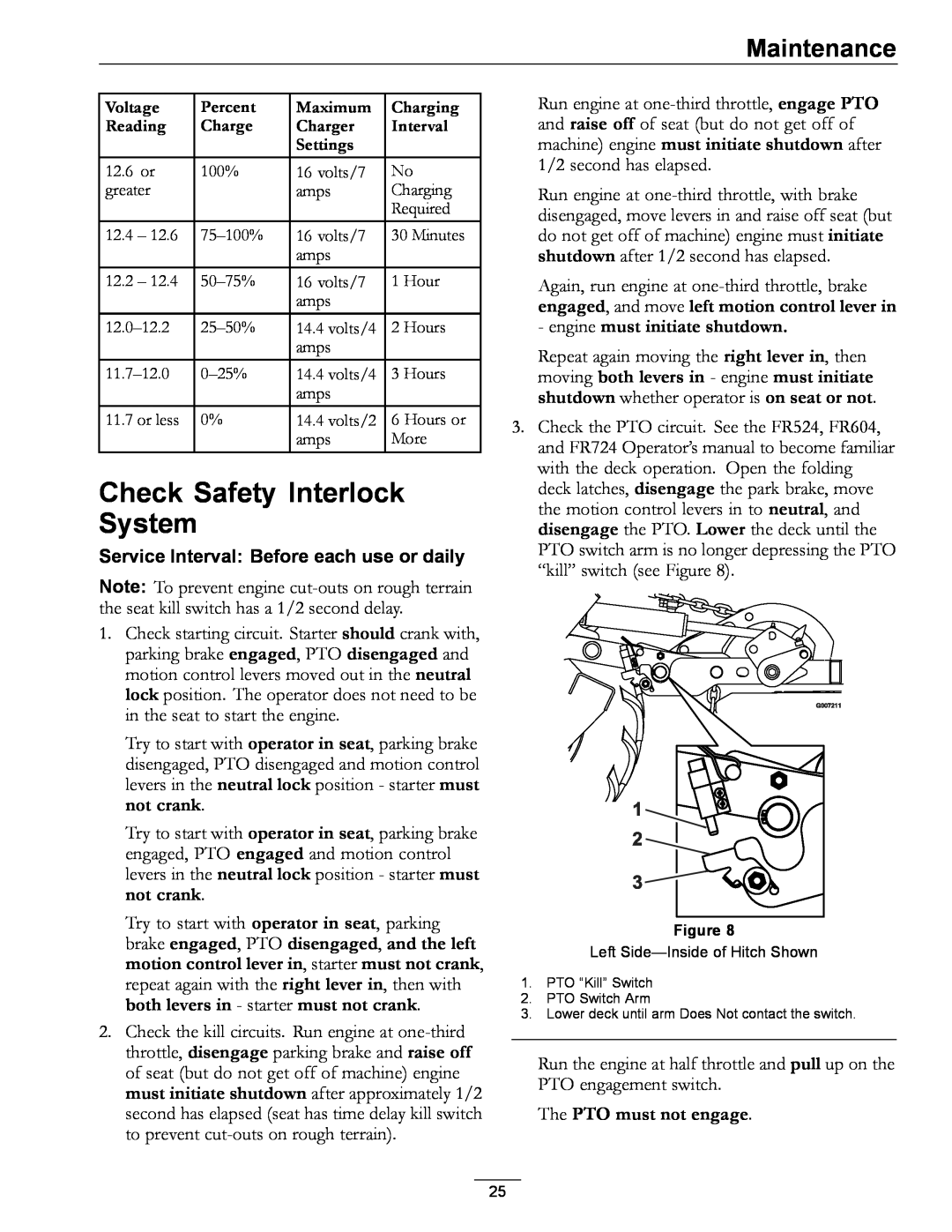 Exmark 720000 & Higher Check Safety Interlock System, engine must initiate shutdown, The PTO must not engage, Maintenance 