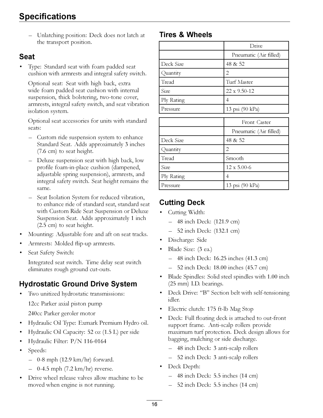 Exmark 850 manual Seat, Hydrostatic Ground Drive System, Tires & Wheels, Cutting Deck 