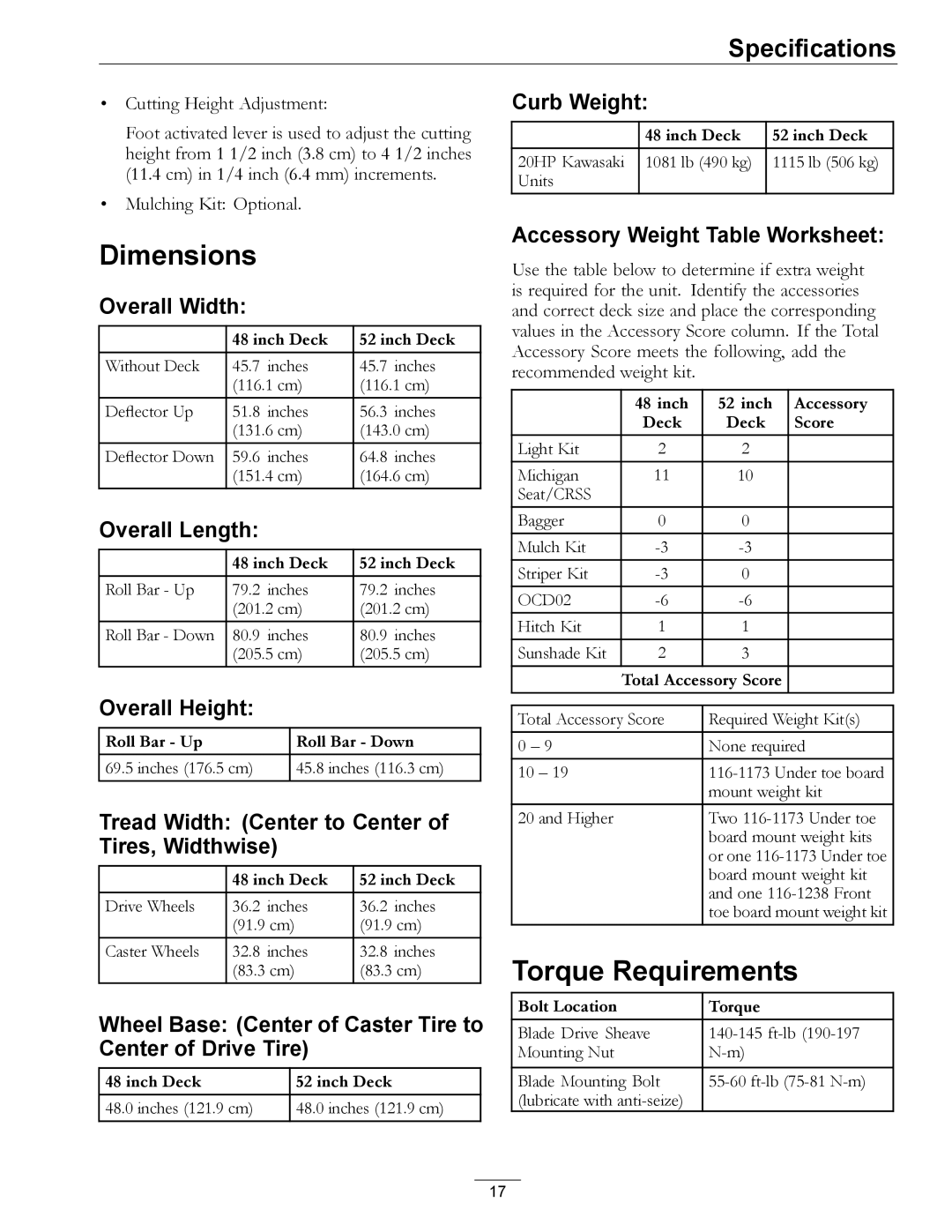 Exmark 850 manual Dimensions, Torque Requirements 