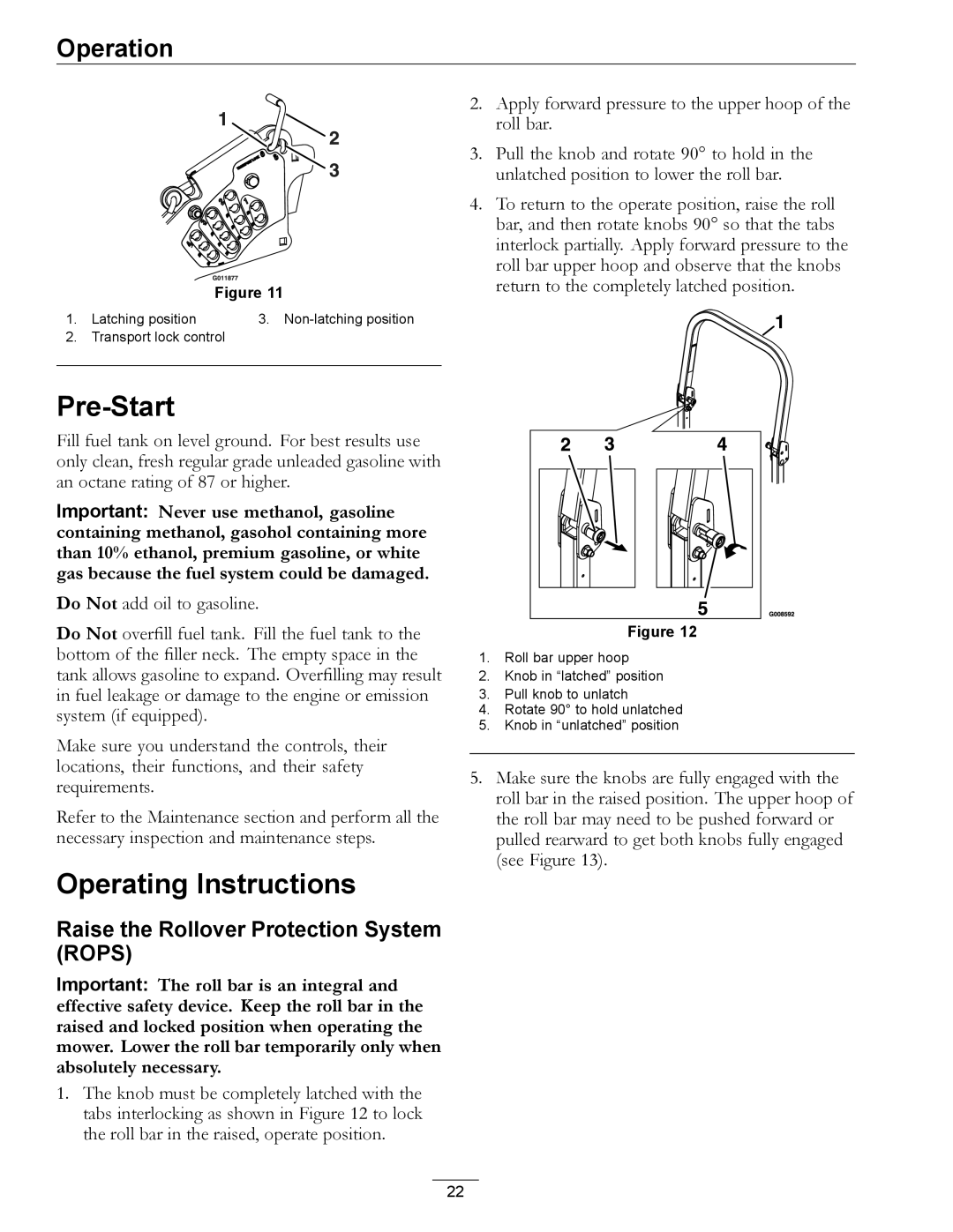 Exmark 850 manual Pre-Start, Operating Instructions, Raise the Rollover Protection System Rops 