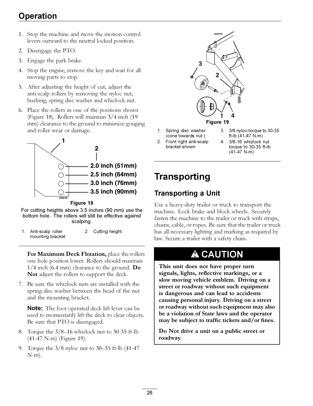 Exmark 850 manual Transporting a Unit, Do Not drive a unit on a public street or roadway 