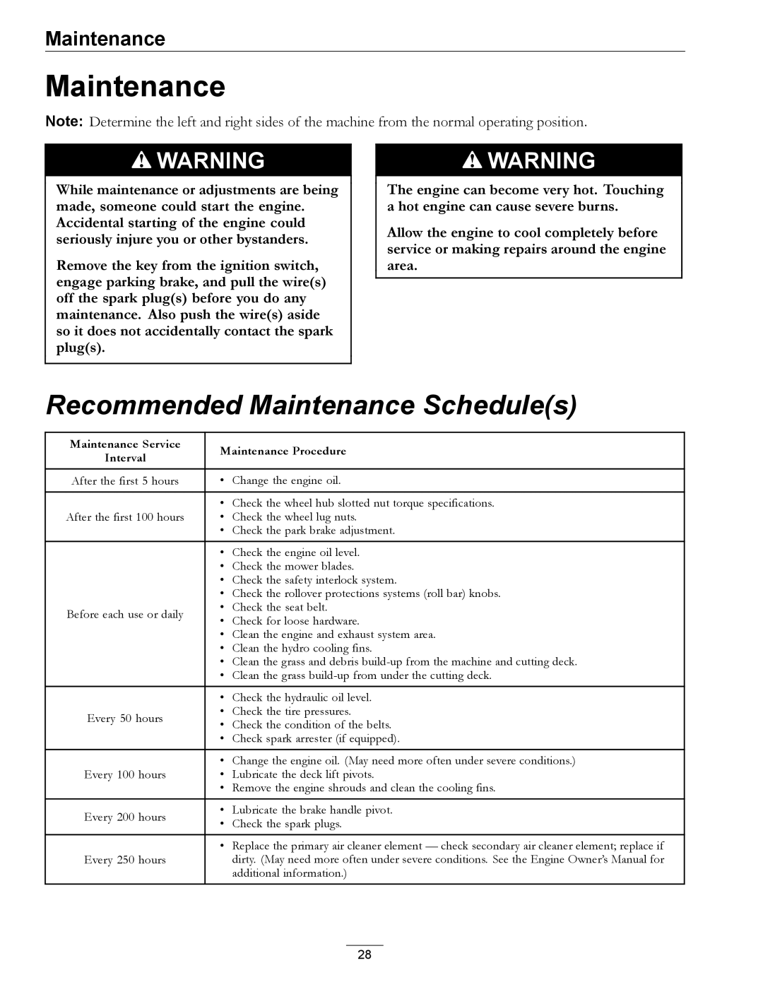 Exmark 850 manual Recommended Maintenance Schedules 