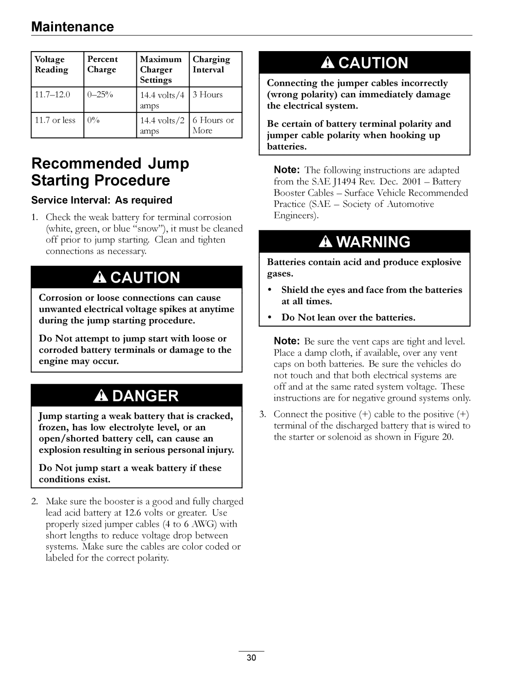 Exmark 850 manual Recommended Jump Starting Procedure, Do Not jump start a weak battery if these conditions exist 