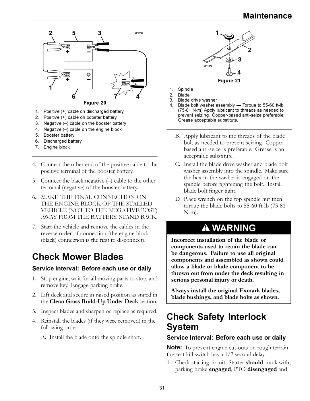 Exmark 850 manual Check Mower Blades, Check Safety Interlock System 