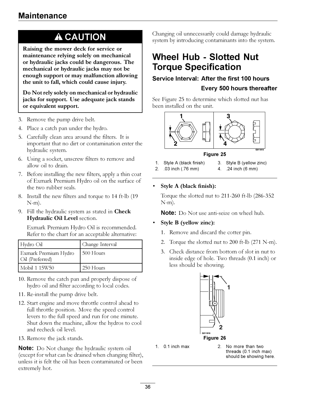 Exmark 850 manual Wheel Hub Slotted Nut Torque Specification, Style a black finish, Style B yellow zinc 