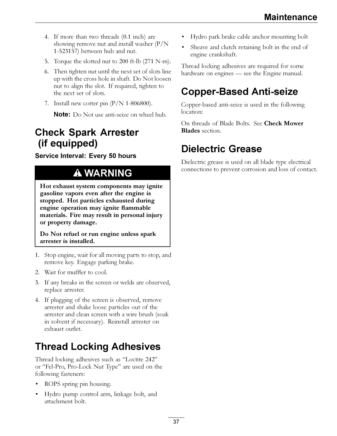 Exmark 850 manual Check Spark Arrester if equipped, Thread Locking Adhesives, Copper-Based Anti-seize, Dielectric Grease 