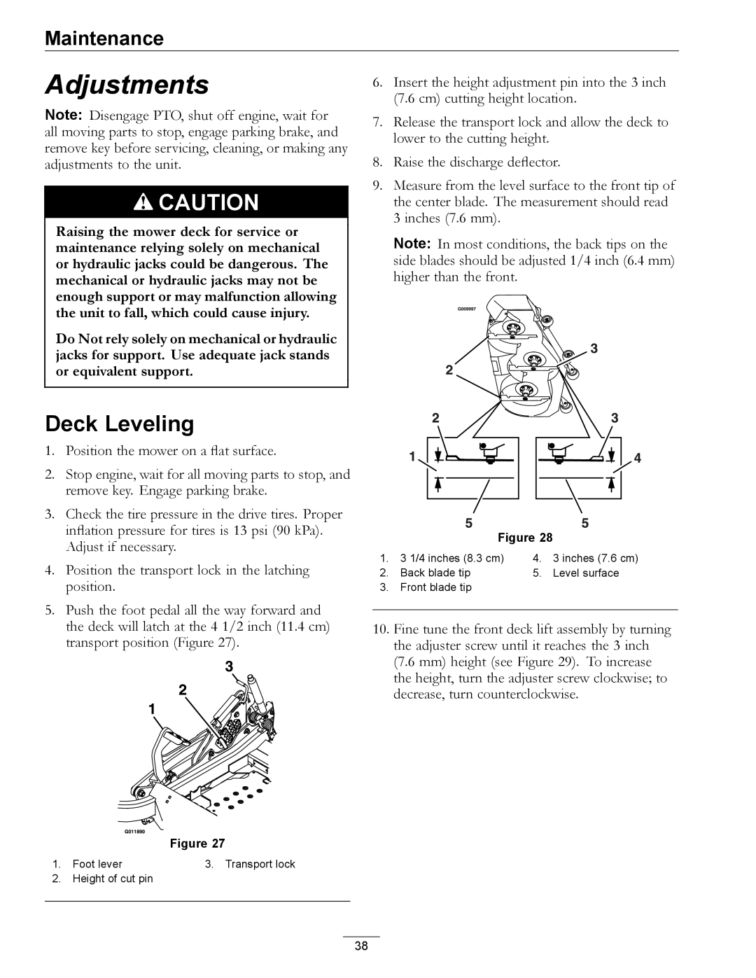 Exmark 850 manual Adjustments, Deck Leveling 