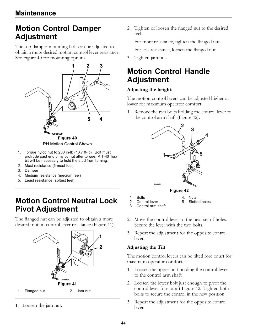 Exmark 850 Motion Control Damper Adjustment, Motion Control Handle Adjustment, Adjusting the height, Adjusting the Tilt 