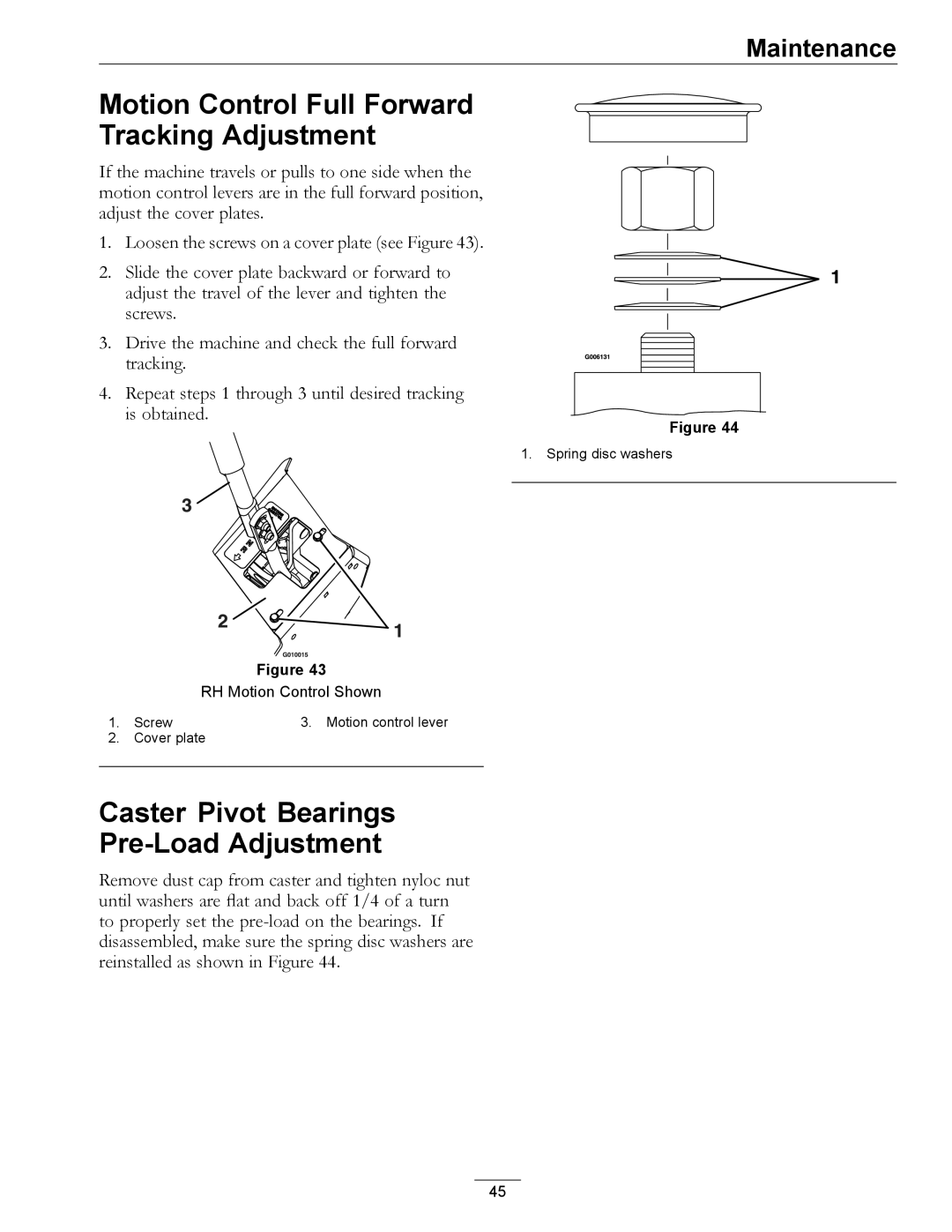 Exmark 850 manual Motion Control Full Forward Tracking Adjustment, Caster Pivot Bearings Pre-Load Adjustment 