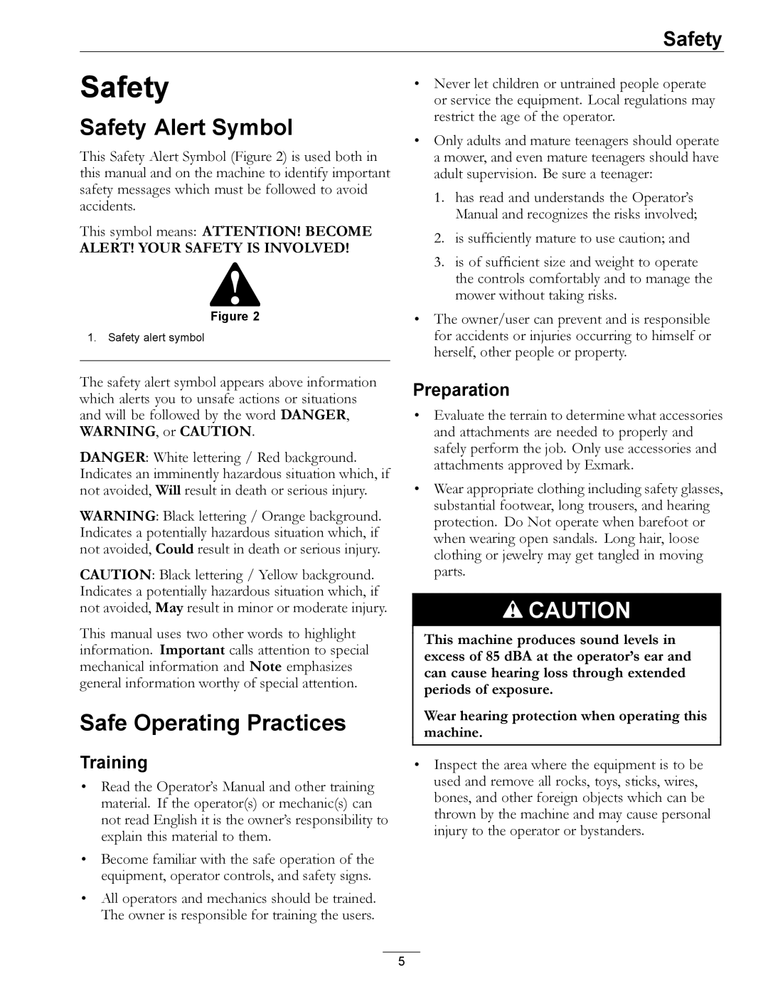 Exmark 850 manual Safety Alert Symbol, Safe Operating Practices, Training, Preparation 