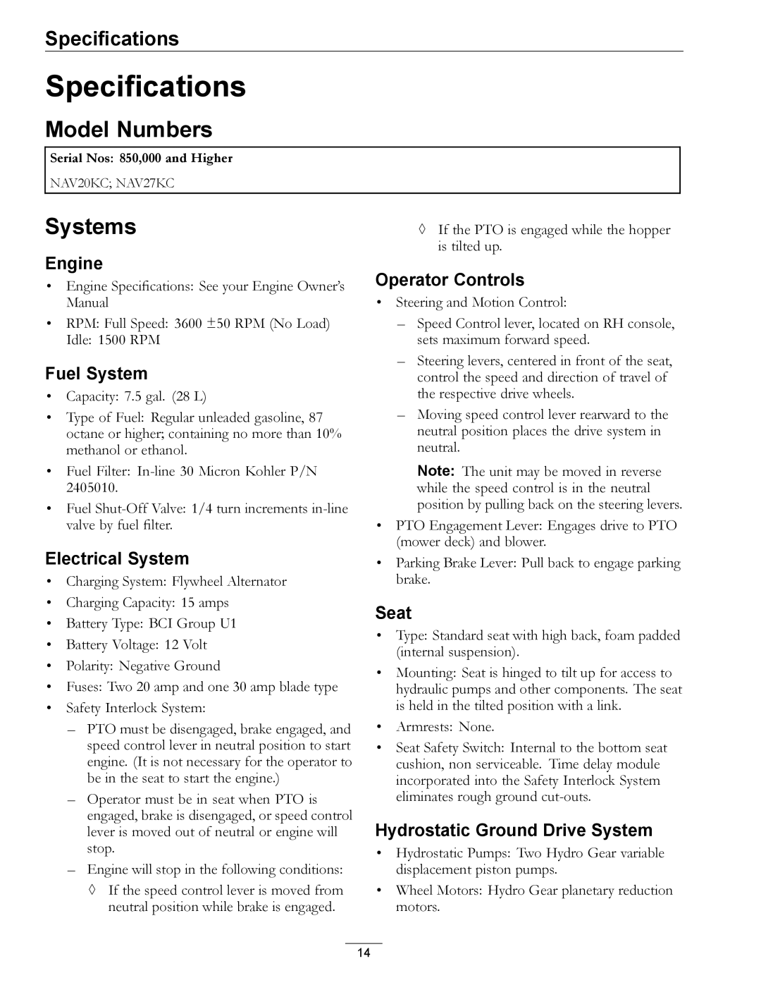 Exmark 850 manual Specifications, Model Numbers, Systems 