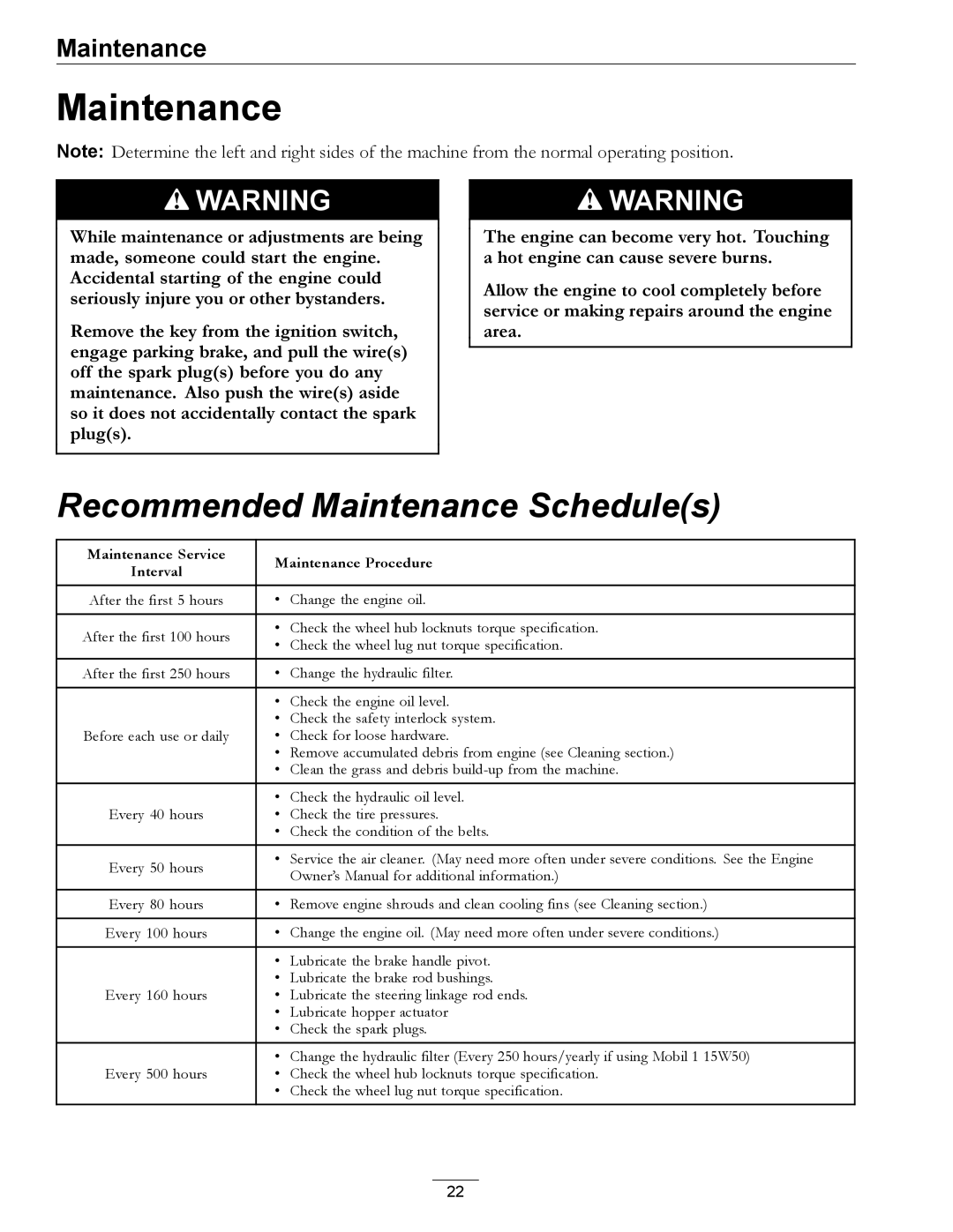 Exmark 850 manual Recommended Maintenance Schedules 