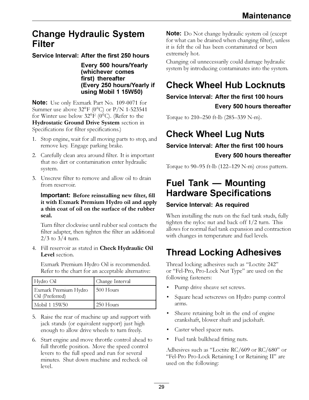 Exmark 850 Change Hydraulic System Filter, Check Wheel Hub Locknuts, Check Wheel Lug Nuts, Thread Locking Adhesives 