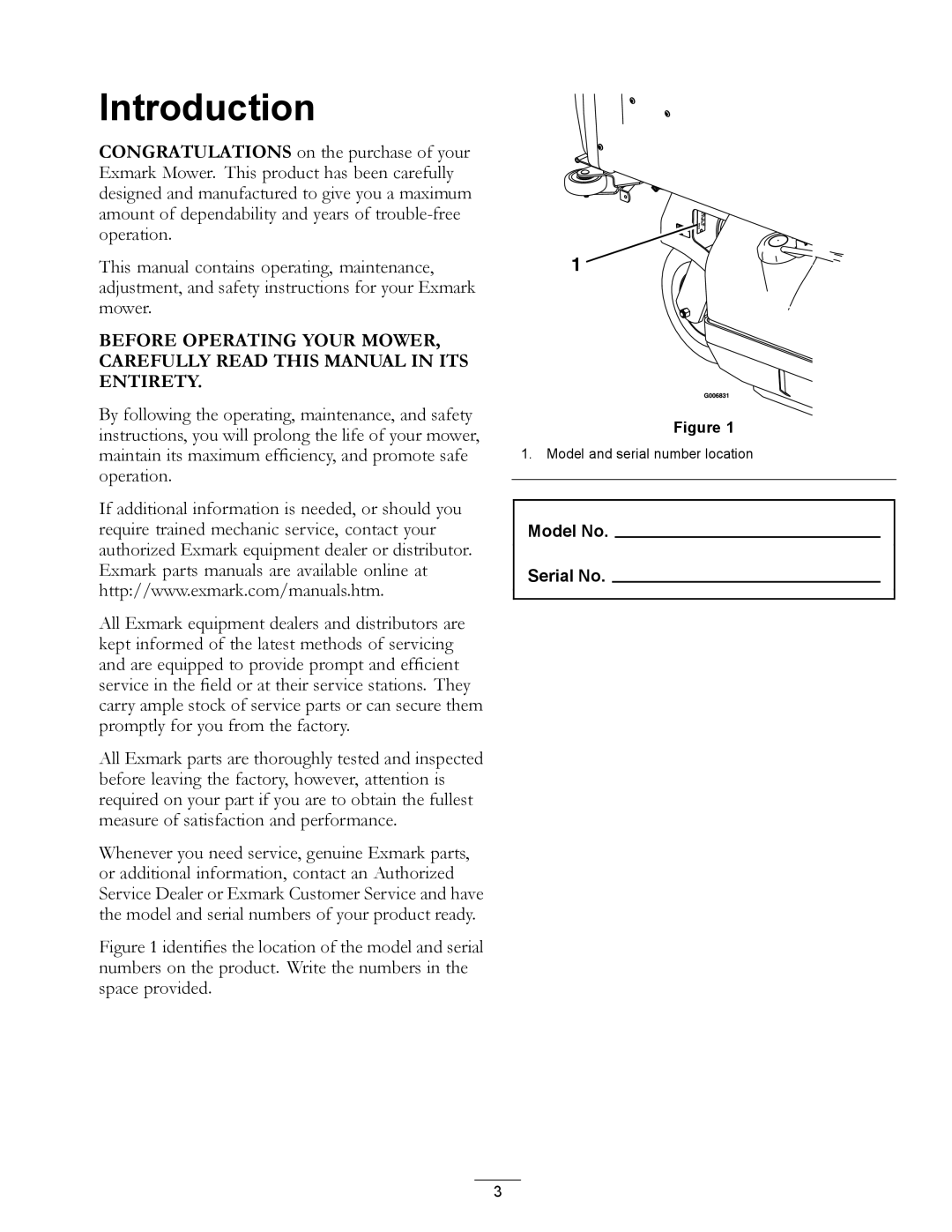 Exmark 850 manual Introduction 