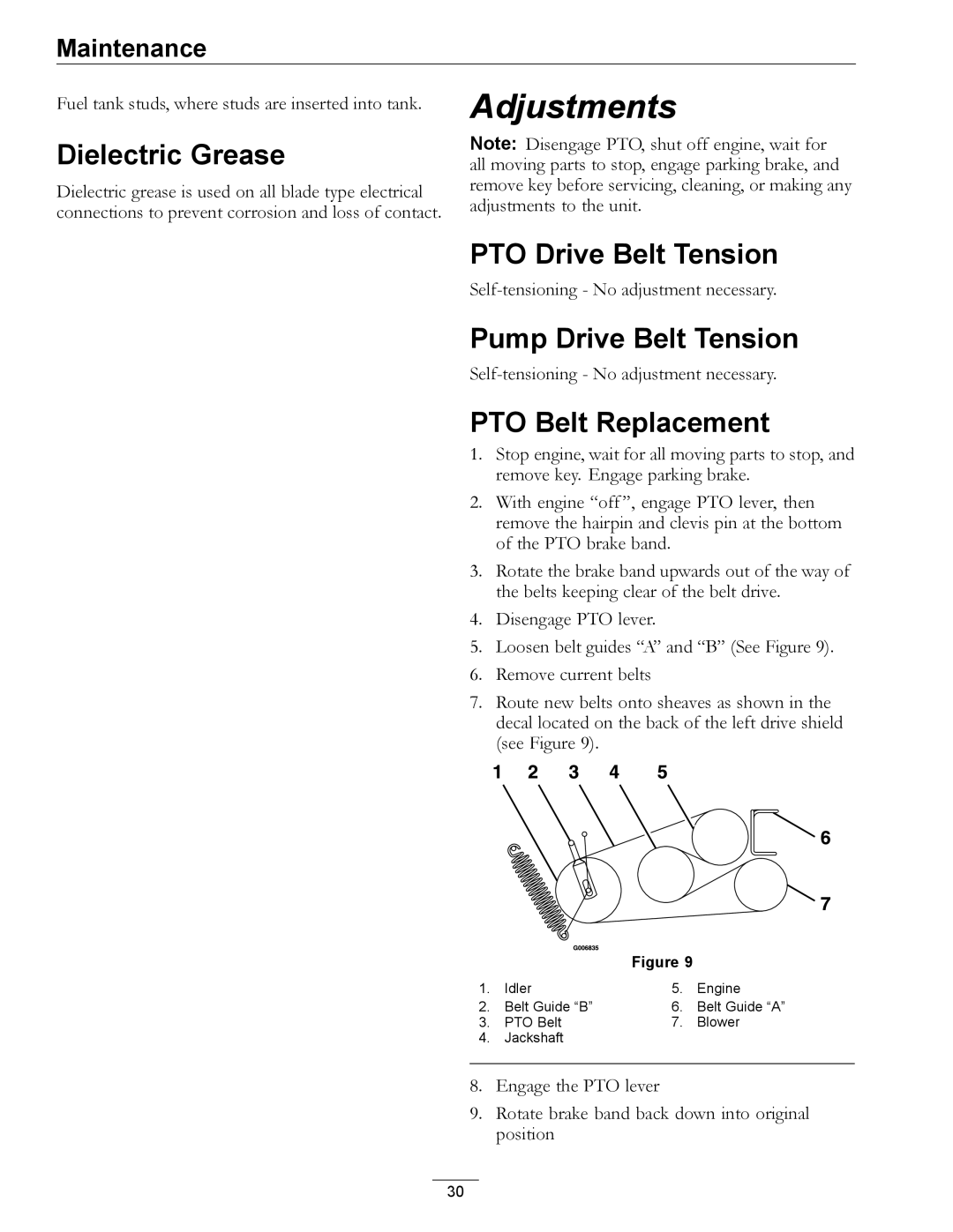 Exmark 850 manual Dielectric Grease, PTO Drive Belt Tension, Pump Drive Belt Tension, PTO Belt Replacement 