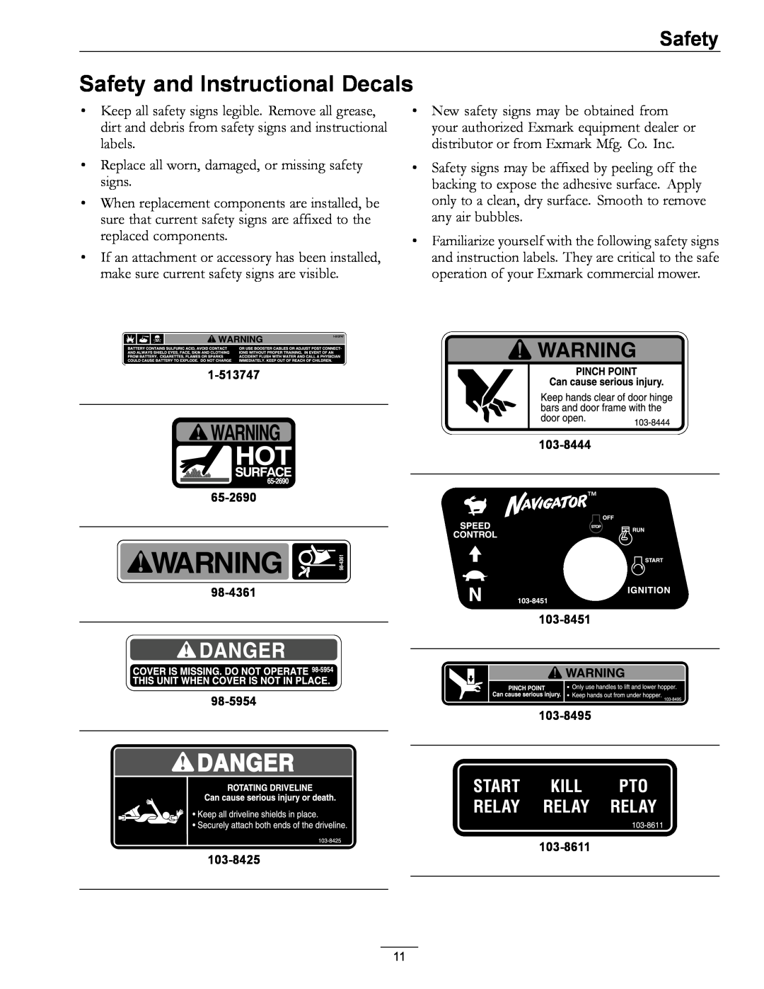Exmark 850 manual Safety and Instructional Decals 