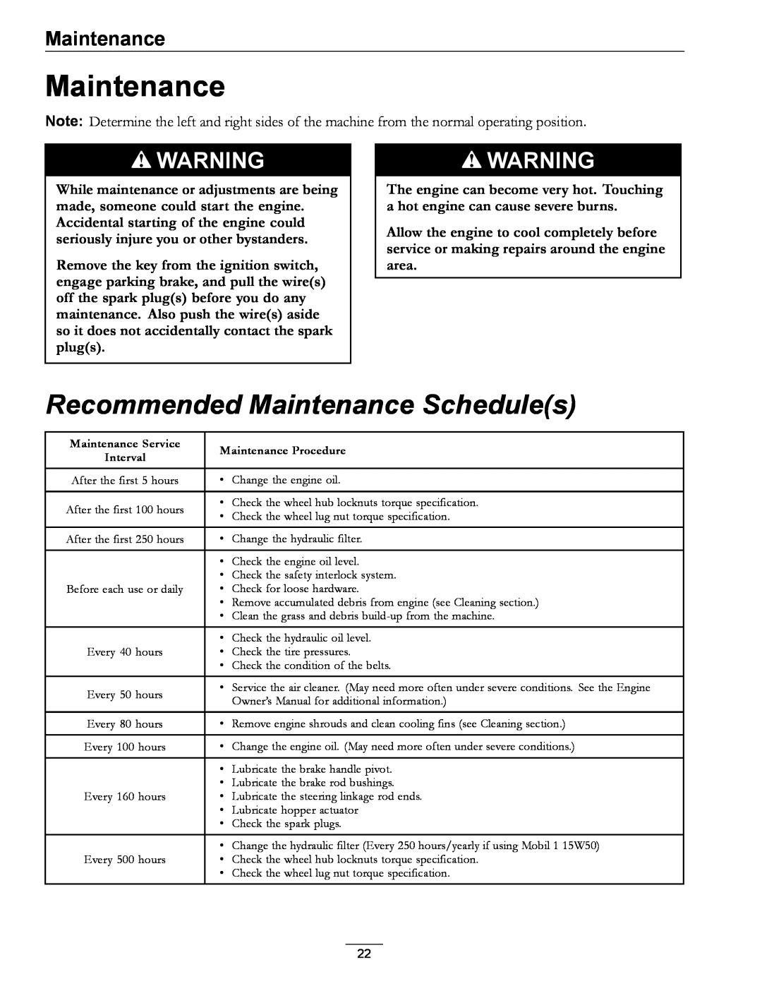 Exmark 850 manual Recommended Maintenance Schedules 