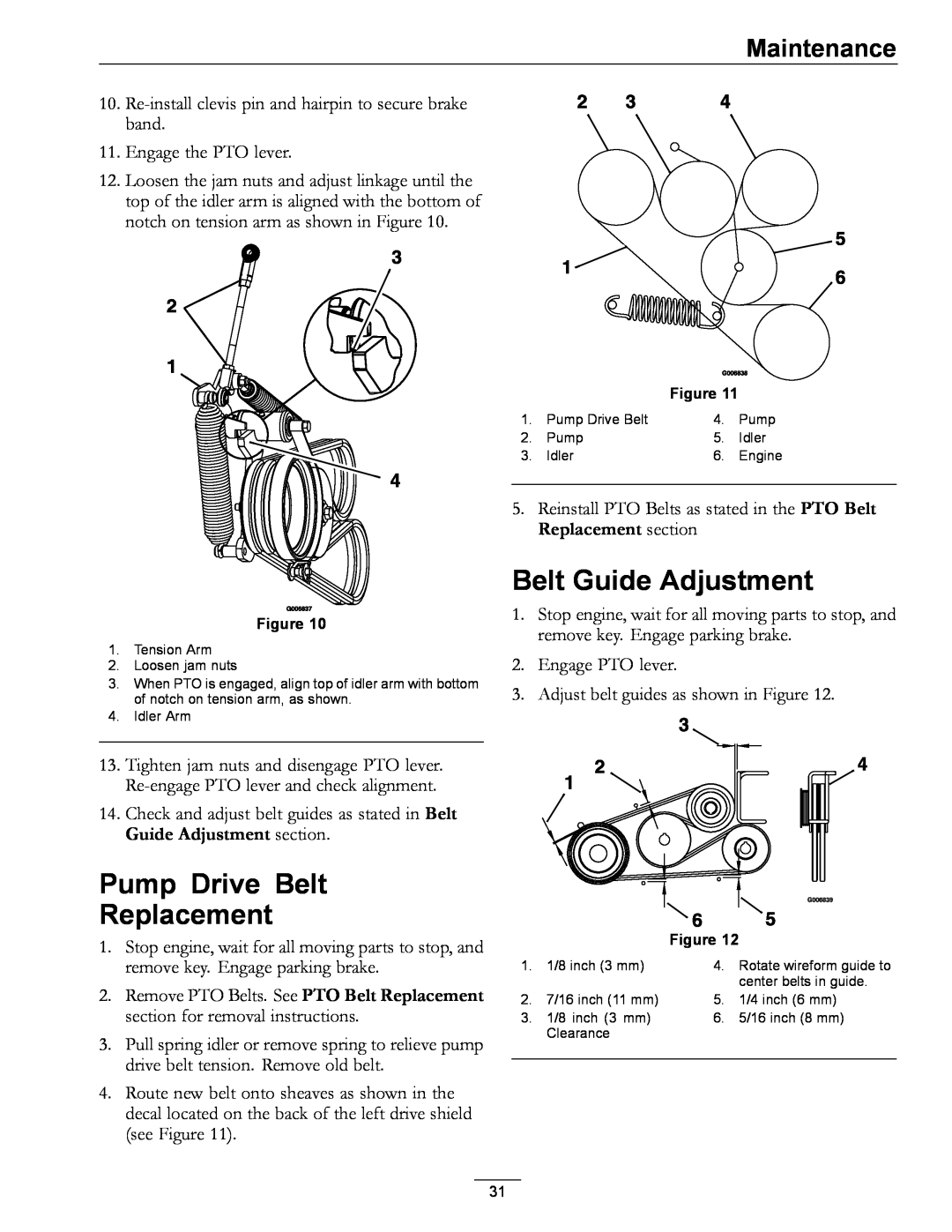 Exmark 850 manual Pump Drive Belt Replacement, Belt Guide Adjustment, Maintenance 