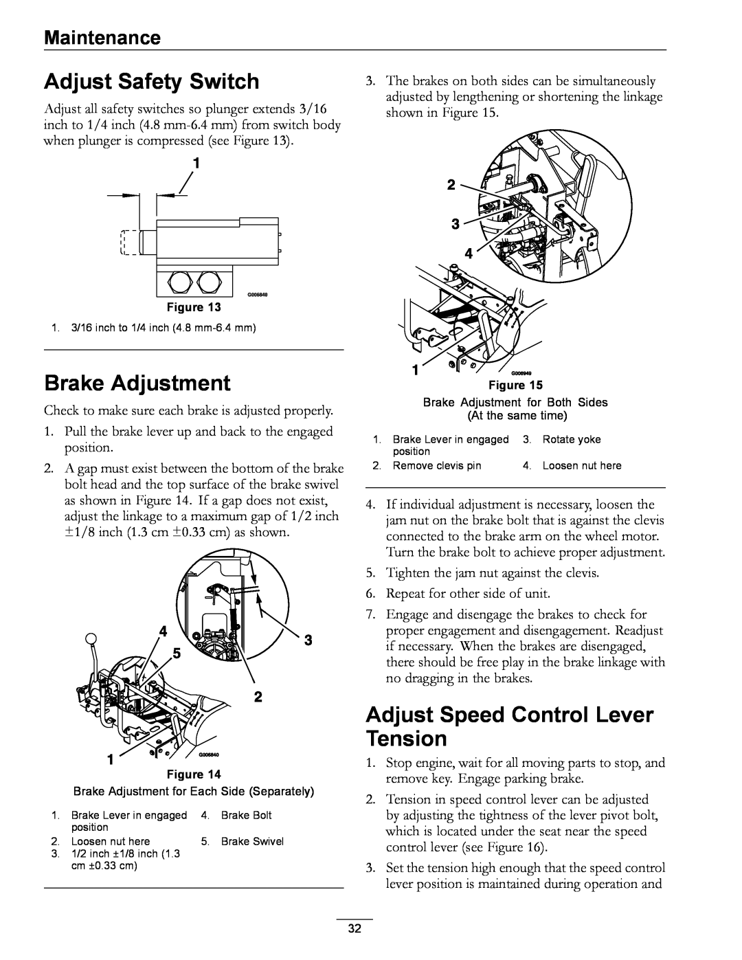 Exmark 850 manual Adjust Safety Switch, Brake Adjustment, Adjust Speed Control Lever Tension, Maintenance 