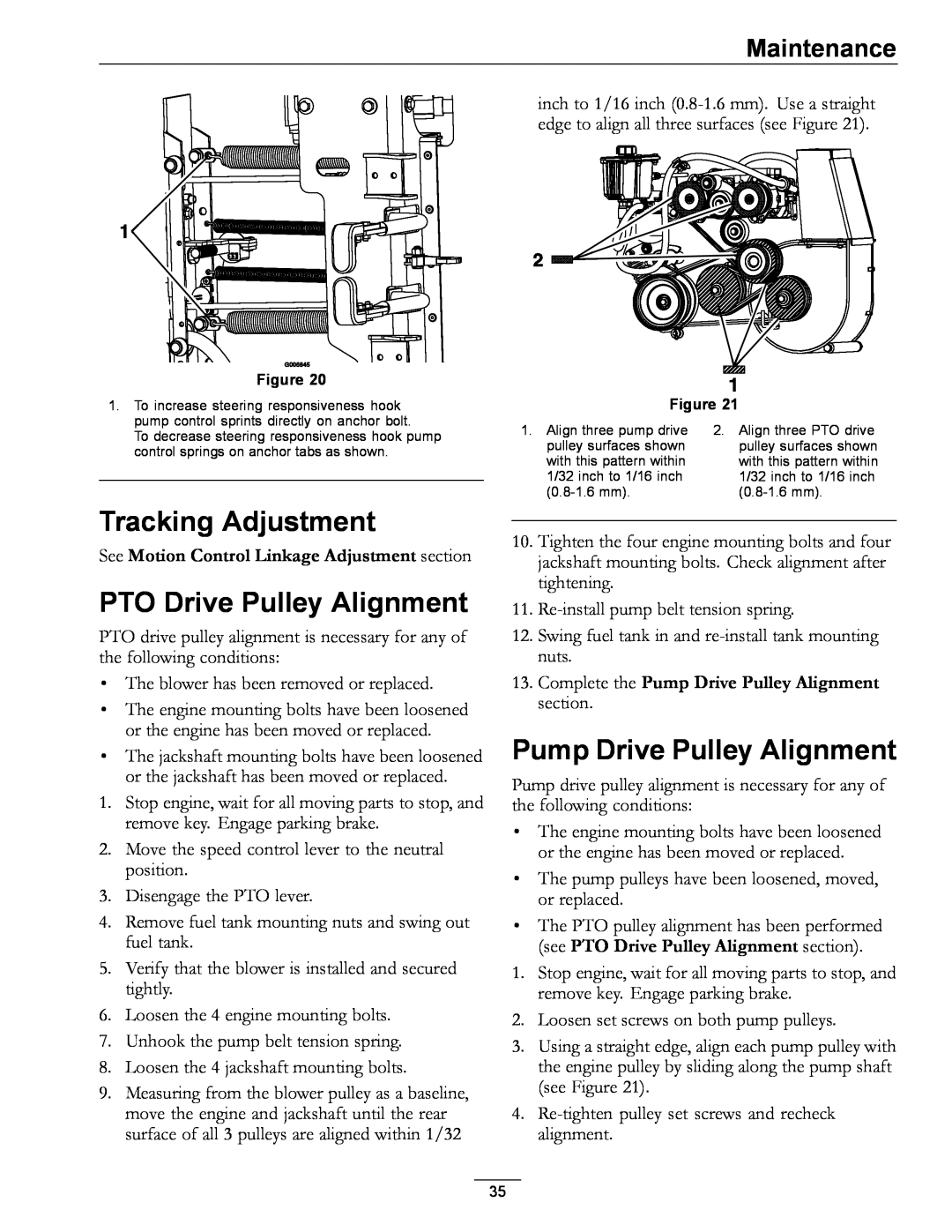 Exmark 850 manual Tracking Adjustment, PTO Drive Pulley Alignment, Pump Drive Pulley Alignment, Maintenance 