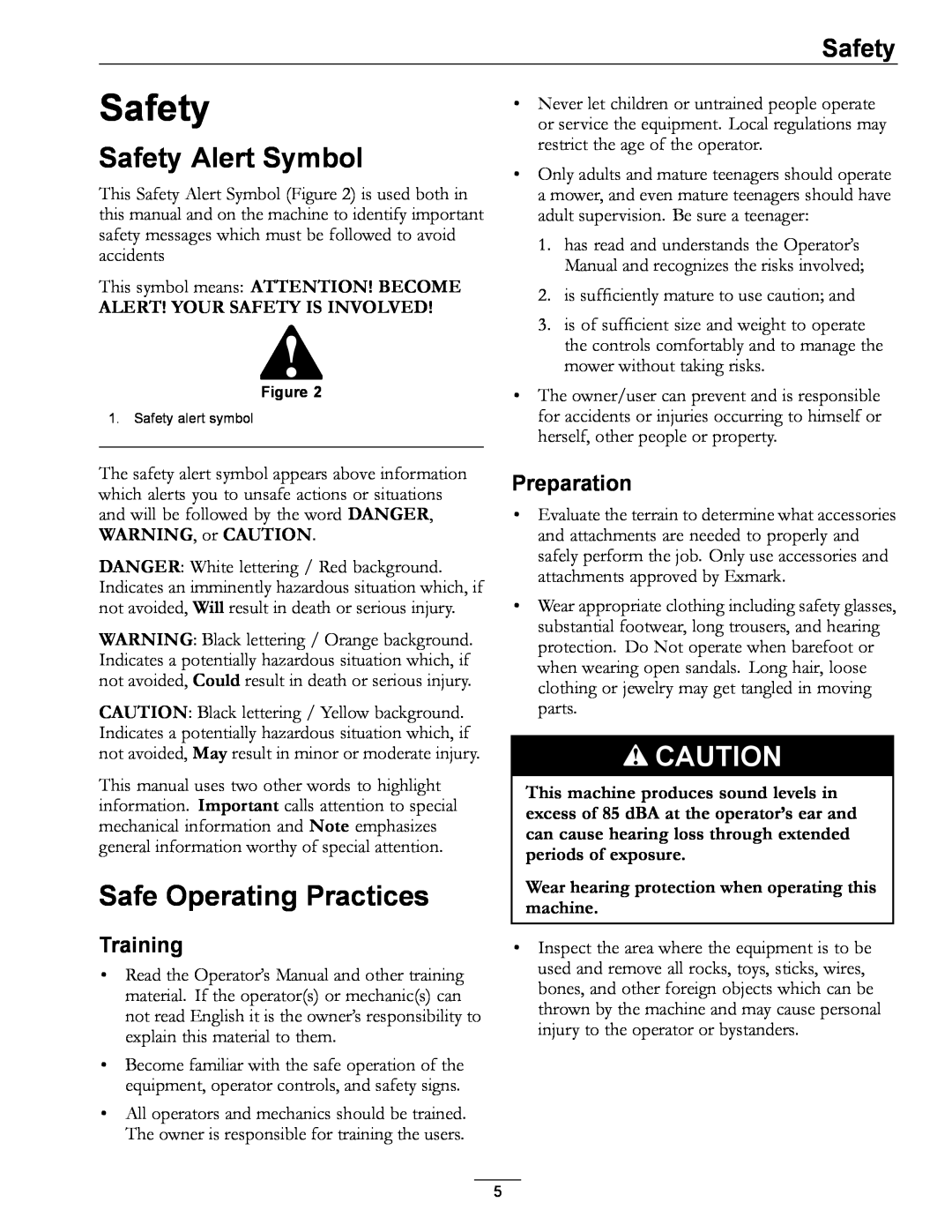 Exmark 850 manual Safety Alert Symbol, Safe Operating Practices, Training, Preparation 