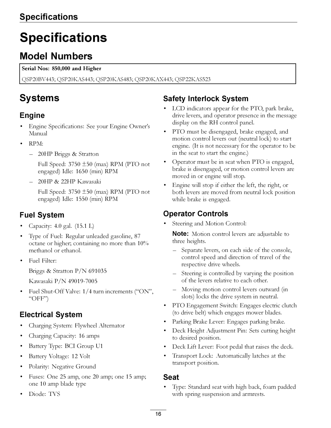 Exmark 850, 00 & Higher manual Specifications, Model Numbers, Systems 