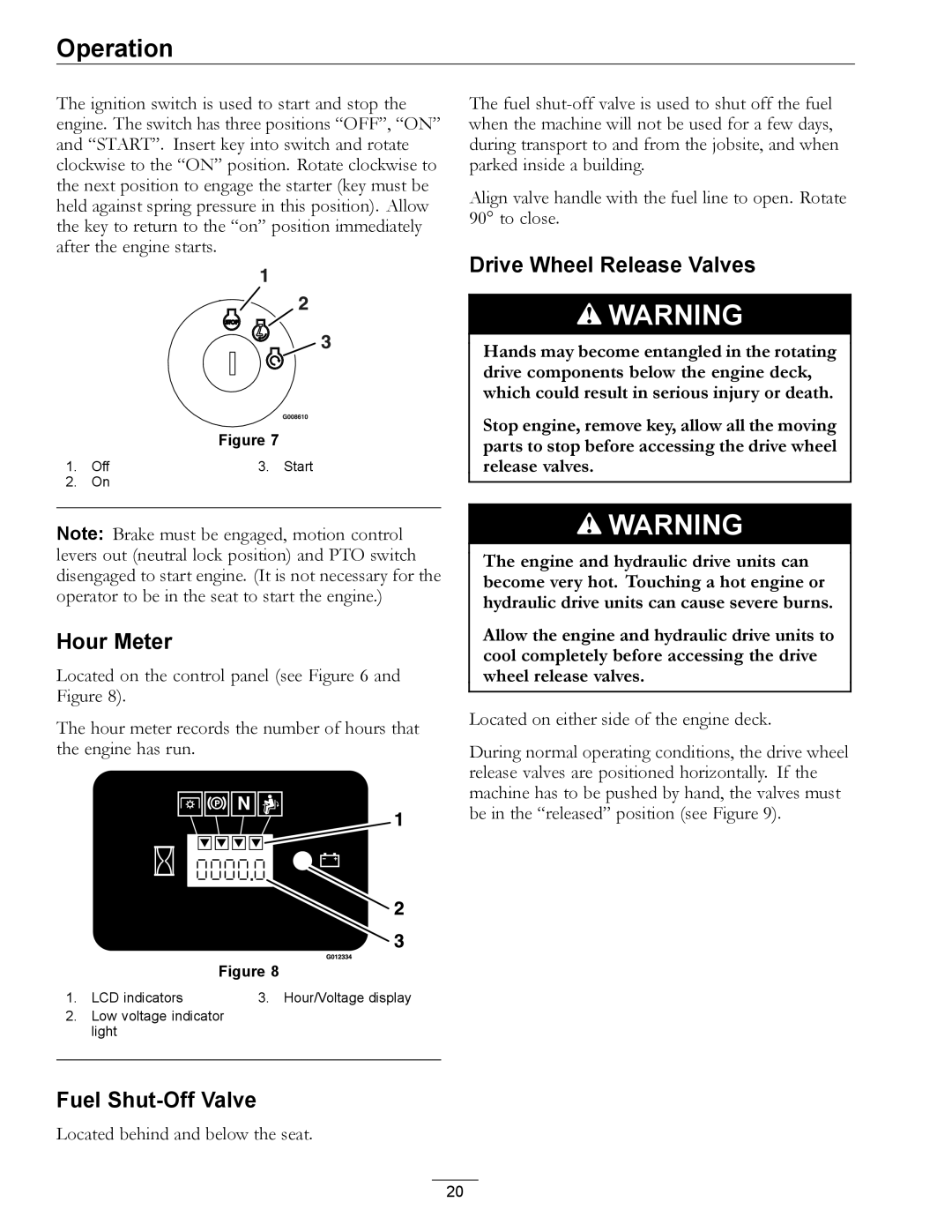 Exmark 850, 00 & Higher manual Drive Wheel Release Valves, Hour Meter, Fuel Shut-Off Valve 