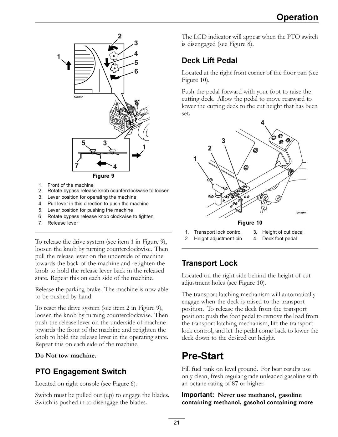 Exmark 00 & Higher, 850 manual Pre-Start, PTO Engagement Switch, Deck Lift Pedal, Transport Lock 