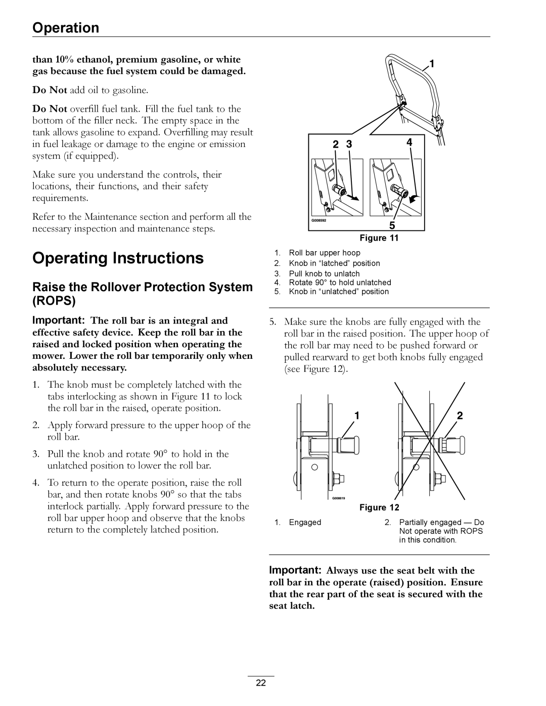 Exmark 850, 00 & Higher manual Operating Instructions, Raise the Rollover Protection System Rops 