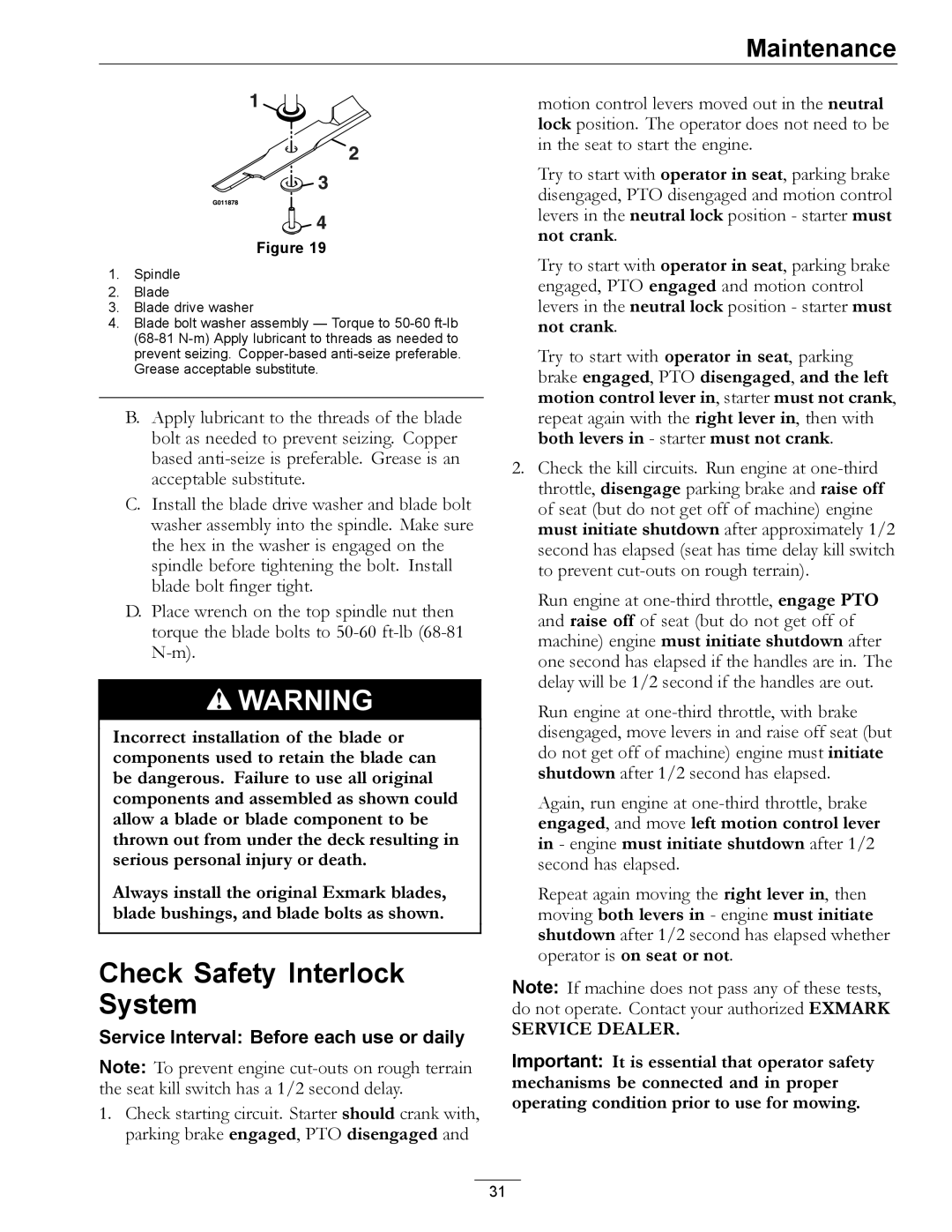 Exmark 00 & Higher, 850 manual Check Safety Interlock System, Service Dealer 